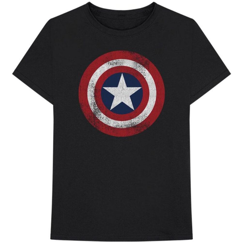 Captain America Unisex Adult Distressed Shield Cotton T-Shirt / Black